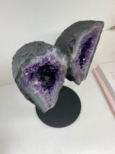 Load image into Gallery viewer, Amethyst Crystal geode wings on black display stand