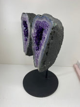 Load image into Gallery viewer, Amethyst Crystal geode wings on black display stand