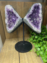 Load image into Gallery viewer, Amethyst Crystal geode wings on black display stand