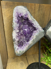 Load image into Gallery viewer, Amethyst Crystal geode wings on black display stand