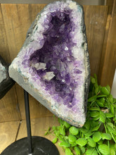 Load image into Gallery viewer, Amethyst Crystal geode wings on black display stand