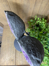Load image into Gallery viewer, Amethyst Crystal geode wings on black display stand