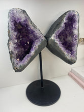 Load image into Gallery viewer, Amethyst Crystal geode wings on black display stand