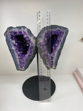 Load image into Gallery viewer, Amethyst Crystal geode wings on black display stand