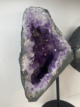 Load image into Gallery viewer, Amethyst Crystal geode wings on black display stand