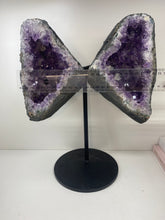 Load image into Gallery viewer, Amethyst Crystal geode wings on black display stand