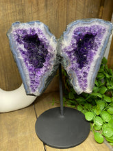 Load image into Gallery viewer, Amethyst Crystal geode wings on black display stand