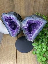 Load image into Gallery viewer, Amethyst Crystal geode wings on black display stand