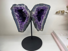 Load image into Gallery viewer, Amethyst Crystal geode wings on black display stand