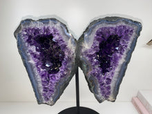 Load image into Gallery viewer, Amethyst Crystal geode wings on black display stand