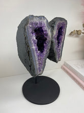 Load image into Gallery viewer, Amethyst Crystal geode wings on black display stand
