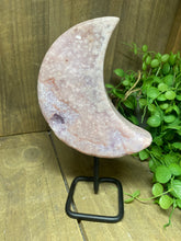 Load image into Gallery viewer, Pink Amethyst Crystal moon on black display stand