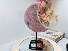 Load image into Gallery viewer, Pink Amethyst Crystal moon on black display stand