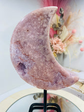 Load image into Gallery viewer, Pink Amethyst Crystal moon on black display stand