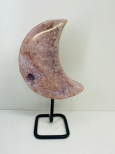 Load image into Gallery viewer, Pink Amethyst Crystal moon on black display stand