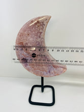 Load image into Gallery viewer, Pink Amethyst Crystal moon on black display stand