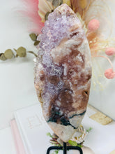 Load image into Gallery viewer, Pink Amethyst Crystal on black display stand