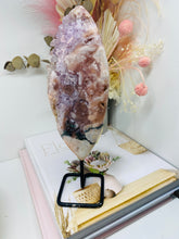 Load image into Gallery viewer, Pink Amethyst Crystal on black display stand
