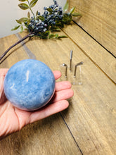 Load image into Gallery viewer, Natural Blue Calcite sphere on stand