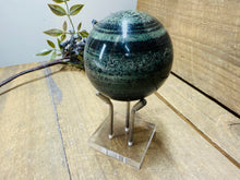 Load image into Gallery viewer, Green Hair Jasper sphere on stand