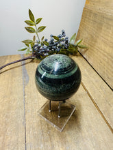 Load image into Gallery viewer, Green Hair Jasper sphere on stand