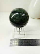 Load image into Gallery viewer, Polished Green Hair Jasper sphere on stand