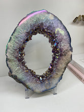 Load image into Gallery viewer, Titanian coated Amethyst Crystal geode slice on display stand