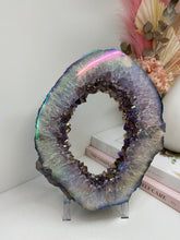 Load image into Gallery viewer, Titanian coated Amethyst Crystal geode slice on display stand