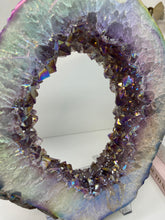 Load image into Gallery viewer, Titanian coated Amethyst Crystal geode slice on display stand