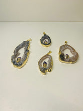 Load image into Gallery viewer, Natural Agate Geode pendant with Gold Electroplating around the edges and Amethyst point in the middle - necklace