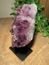 Load image into Gallery viewer, Natural Amethyst Crystal on black display stand -  home décor or unique table piece