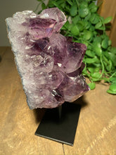 Load image into Gallery viewer, Natural Amethyst Crystal on black display stand -  home décor or unique table piece