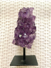 Load image into Gallery viewer, Natural Amethyst Crystal on black display stand -  home décor or unique table piece