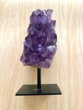 Load image into Gallery viewer, Natural Amethyst Crystal on black display stand -  home décor or unique table piece