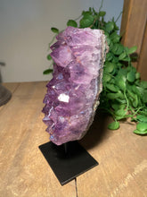 Load image into Gallery viewer, Natural Amethyst Crystal on black display stand -  home décor or unique table piece