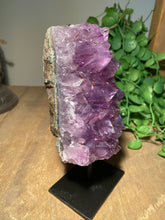 Load image into Gallery viewer, Natural Amethyst Crystal on black display stand -  home décor or unique table piece