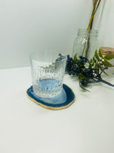 Load image into Gallery viewer, Blue polished Agate Slice drink coaster with Gold Electroplating around the edges