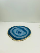 Load image into Gallery viewer, Blue polished Agate Slice drink coaster with Gold Electroplating around the edges