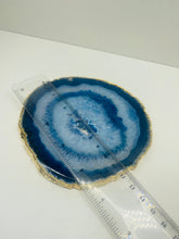 Load image into Gallery viewer, Blue polished Agate Slice drink coaster with Gold Electroplating around the edges