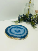 Load image into Gallery viewer, Blue polished Agate Slice drink coaster with Gold Electroplating around the edges