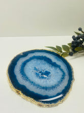 Load image into Gallery viewer, Blue polished Agate Slice drink coaster with Gold Electroplating around the edges