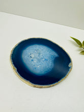 Load image into Gallery viewer, Blue polished Agate Slice drink coaster with Gold Electroplating around the edges