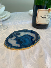 Load image into Gallery viewer, Blue polished Agate Slice drink coaster with Gold Electroplating around the edges