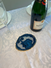 Load image into Gallery viewer, Blue polished Agate Slice drink coaster with Gold Electroplating around the edges