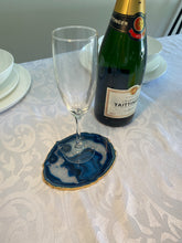 Load image into Gallery viewer, Blue polished Agate Slice drink coaster with Gold Electroplating around the edges
