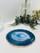 Load image into Gallery viewer, Blue polished Agate Slice drink coaster with Gold Electroplating around the edges