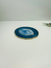 Load image into Gallery viewer, Blue polished Agate Slice drink coaster with Gold Electroplating around the edges