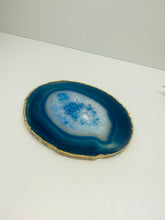 Load image into Gallery viewer, Blue polished Agate Slice drink coaster with Gold Electroplating around the edges