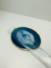 Load image into Gallery viewer, Blue polished Agate Slice drink coaster with Gold Electroplating around the edges