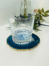 Load image into Gallery viewer, Blue polished Agate Slice drink coaster with Gold Electroplating around the edges